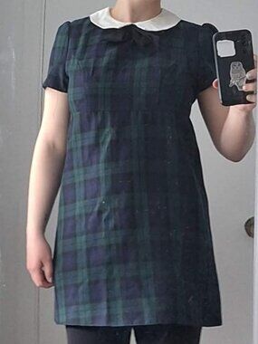 Vintage-Style Puff-Sleeved Peter Pan Collar Blue and Green Plaid Minidress